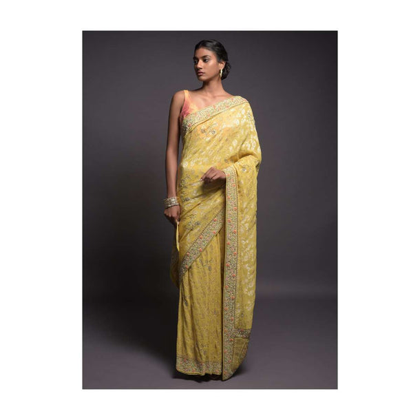 Blonde Yellow Banarasi Saree In Georgette With Weaved Floral Jaal And Embroidered Border Online - Kalki Fashion