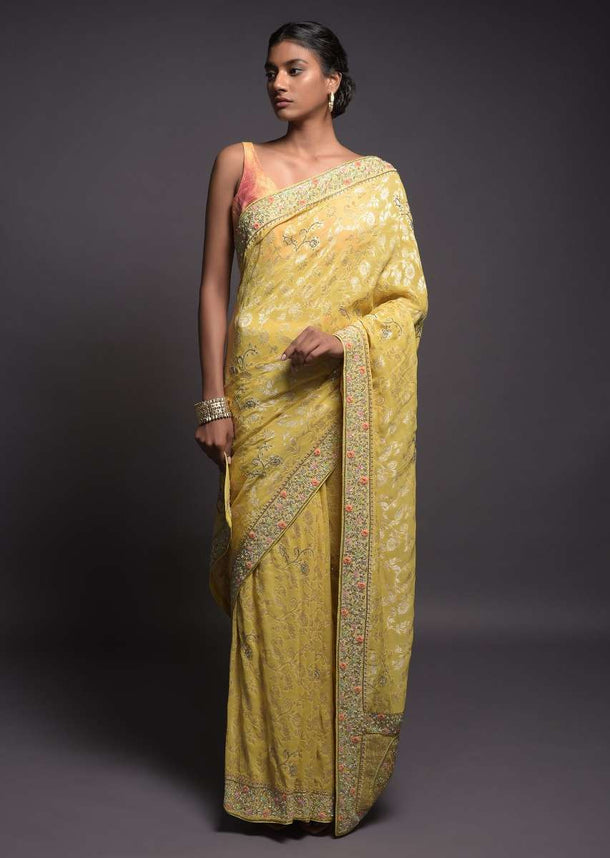 Blonde Yellow Banarasi Saree In Georgette With Weaved Floral Jaal And Embroidered Border Online - Kalki Fashion