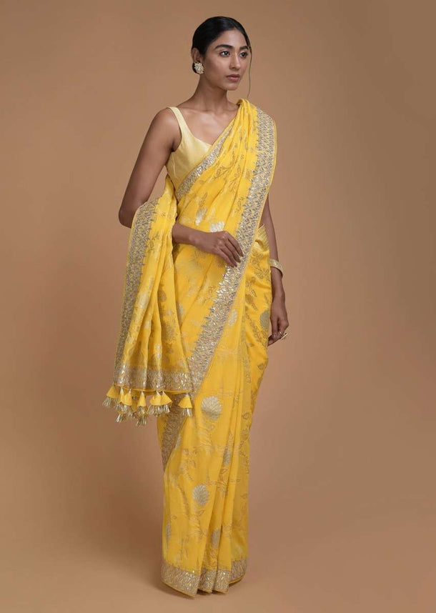 Blonde Yellow Banarasi Saree With Weaved Floral Jaal And Gotta Embroidery Online - Kalki Fashion