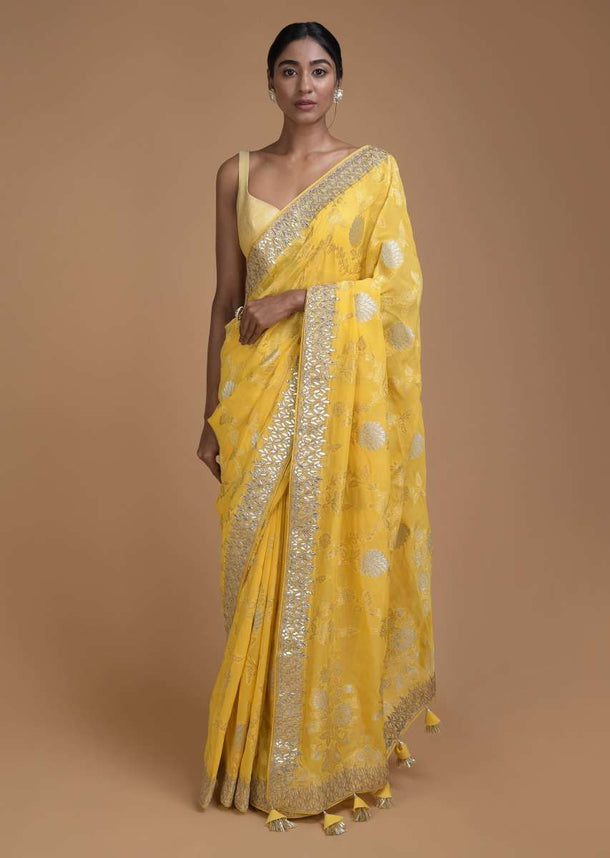 Blonde Yellow Banarasi Saree With Weaved Floral Jaal And Gotta Embroidery Online - Kalki Fashion