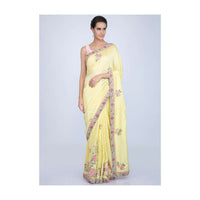 Blonde yellow dupion silk saree with floral embroidered butti and border only on Kalki