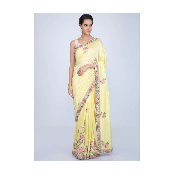 Blonde yellow dupion silk saree with floral embroidered butti and border only on Kalki