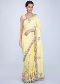 Blonde yellow dupion silk saree with floral embroidered butti and border only on Kalki