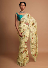 Blonde yellow floral printed chiffon saree with gotta and moti embroidered border Online - Kalki Fashion