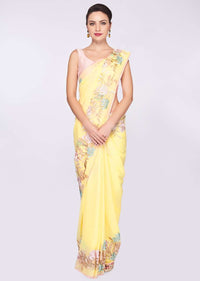 Blonde yellow georgette saree with net embroidered border