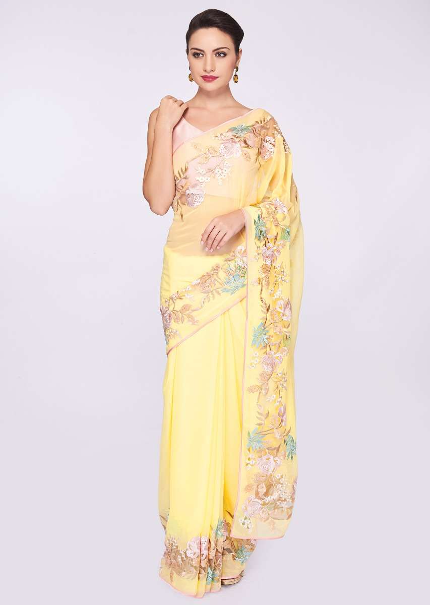 Blonde yellow georgette saree with net embroidered border