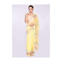 Blonde yellow georgette saree with net embroidered border only on Kalki