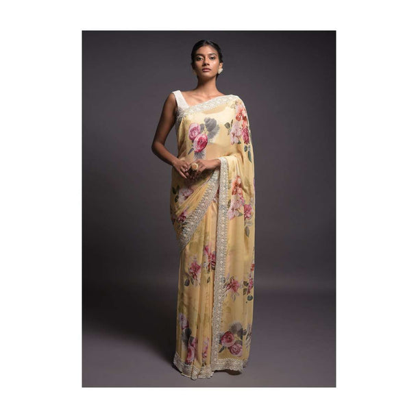 Blonde Yellow Saree In Georgette With Floral Print And Pearl Embellished Border Online - Kalki Fashion