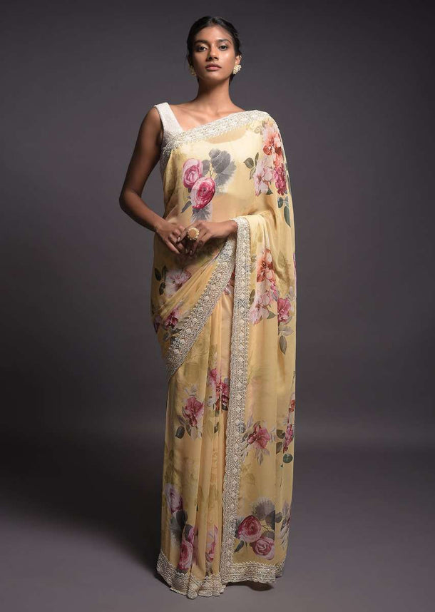 Blonde Yellow Saree In Georgette With Floral Print And Pearl Embellished Border Online - Kalki Fashion