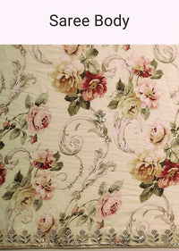 Blonde yellow floral printed chiffon saree with gotta and moti embroidered border Online - Kalki Fashion