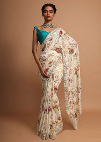 Blonde yellow floral printed chiffon saree with gotta and moti embroidered border Online - Kalki Fashion