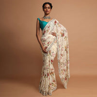 Blonde yellow floral printed chiffon saree with gotta and moti embroidered border Online - Kalki Fashion