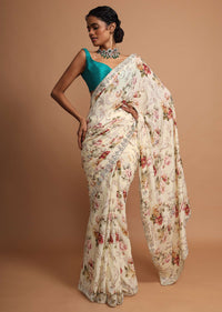 Blonde yellow floral printed chiffon saree with gotta and moti embroidered border Online - Kalki Fashion