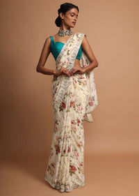 Blonde yellow floral printed chiffon saree with gotta and moti embroidered border Online - Kalki Fashion
