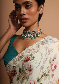 Blonde yellow floral printed chiffon saree with gotta and moti embroidered border Online - Kalki Fashion