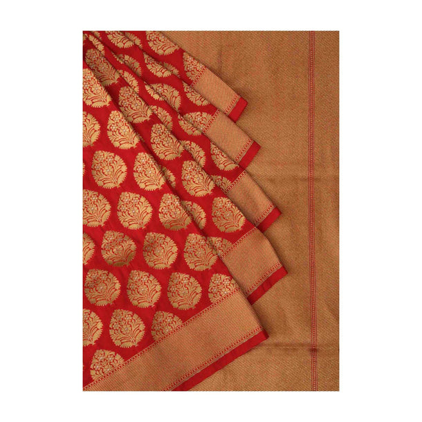 Blood red saree in chanderi silk with zari weaved butti and brocade pallav