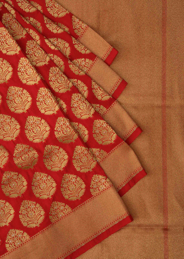 Blood red saree in chanderi silk with zari weaved butti and brocade pallav