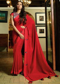 Blood Red Saree In Satin Silk With Contrast Printed Blouse Online - Kalki Fashion