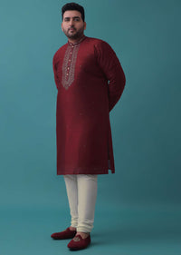 Blood Red Kurta Set In Silk With Leather Work On Yoke