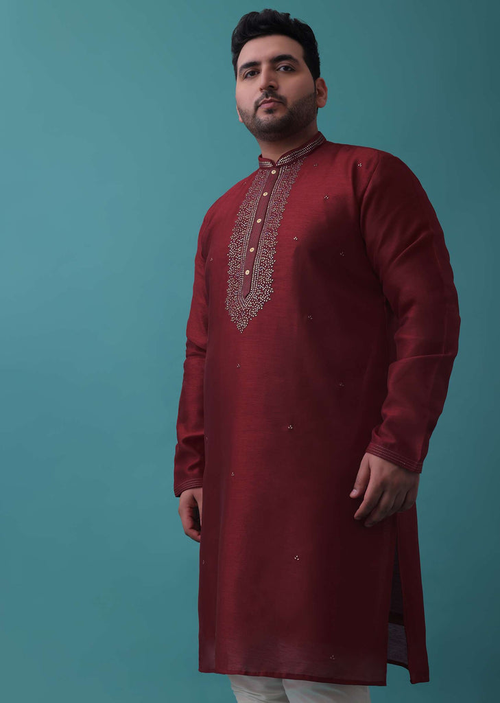 Blood Red Kurta Set In Silk With Leather Work On Yoke