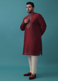 Blood Red Kurta Set In Silk With Leather Work On Yoke