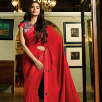 Blood Red Saree In Satin Silk With Contrast Printed Blouse Online - Kalki Fashion