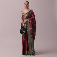 Blood Red Saree In Tanchui Kora Silk With Zari Work