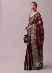 Blood Red Saree In Tanchui Kora Silk With Zari Work