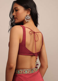Blood Red Sleeveless Blouse In Raw Silk With Sweetheart Neckline