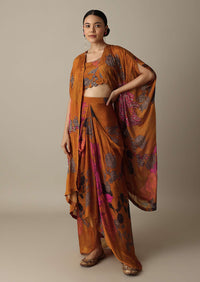 Blossom Orange Silk Print Dhoti Set