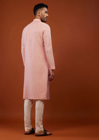 Powder Pink Embroidered Kurta Set With Zari Work In Cotton Silk