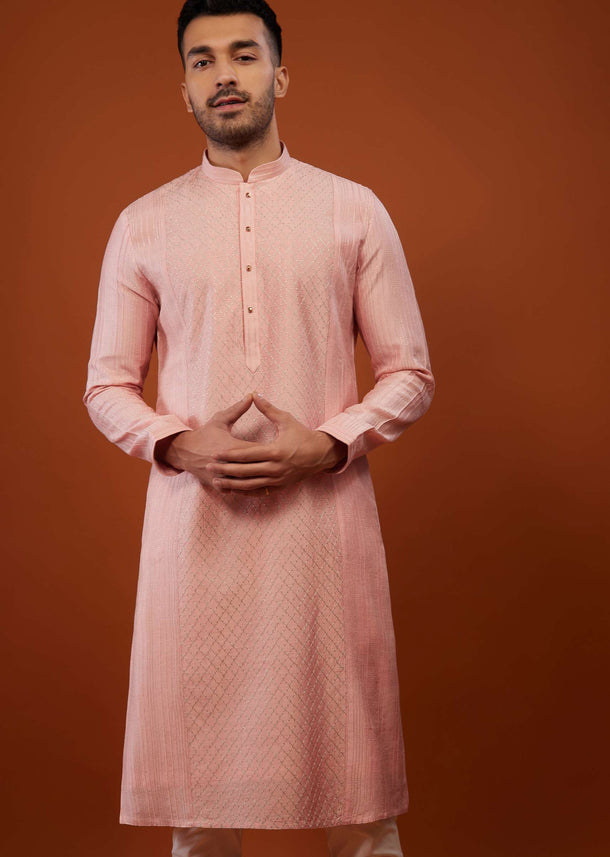 Powder Pink Embroidered Kurta Set With Zari Work In Cotton Silk