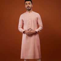 Powder Pink Embroidered Kurta Set With Zari Work In Cotton Silk