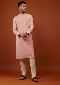 Powder Pink Embroidered Kurta Set With Zari Work In Cotton Silk