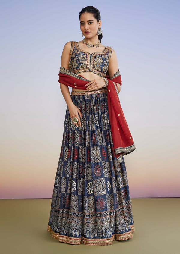 Blue Ajrakh Hand Dyed Printed Lehenga Set With Zari Dupatta