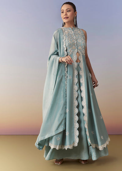 Blue Anarkali Palazzo Set with Cutdana Work