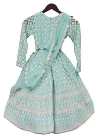 Blue Anarkali Suit With Lucknowi Work In Floral And Scalloped Pattern By Fayon Kids