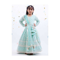 Blue Anarkali Suit With Lucknowi Work In Floral And Scalloped Pattern By Fayon Kids