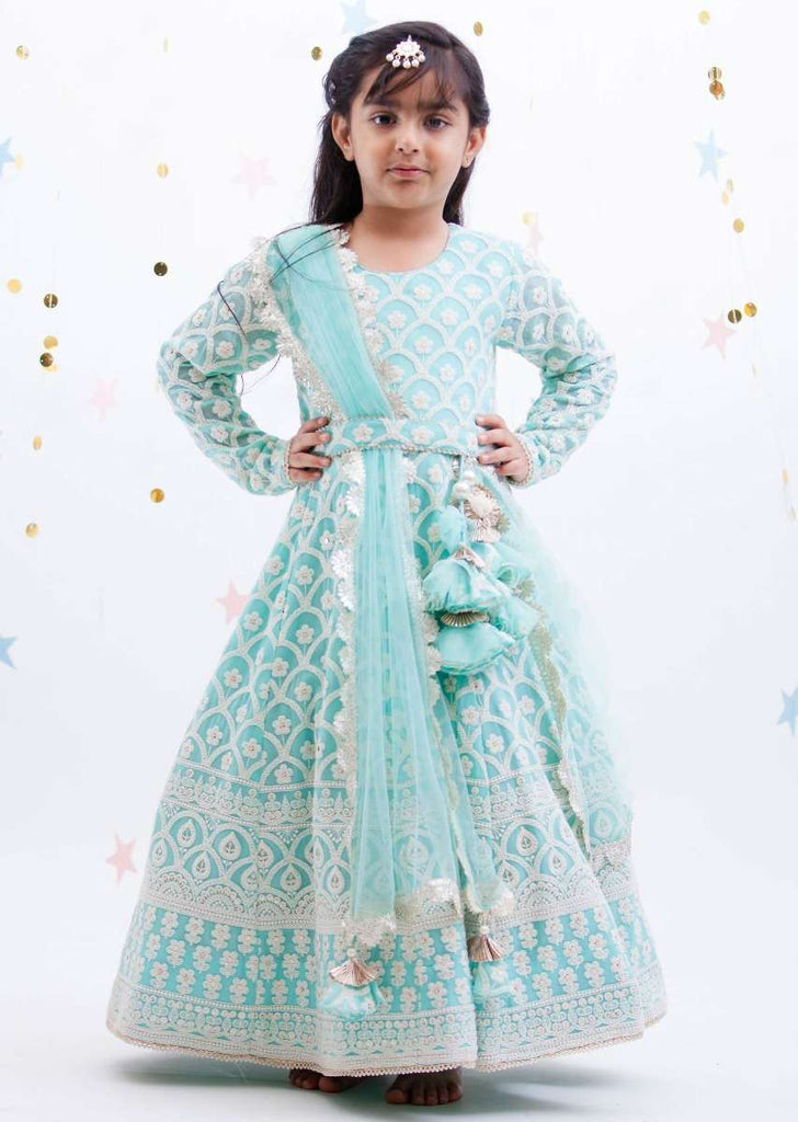 Blue Anarkali Suit With Lucknowi Work In Floral And Scalloped Pattern By Fayon Kids