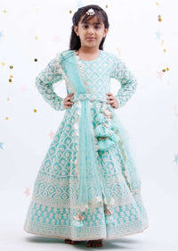 Blue Anarkali Suit With Lucknowi Work In Floral And Scalloped Pattern By Fayon Kids