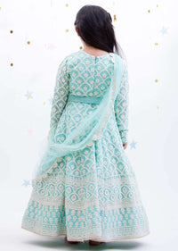 Blue Anarkali Suit With Lucknowi Work In Floral And Scalloped Pattern By Fayon Kids