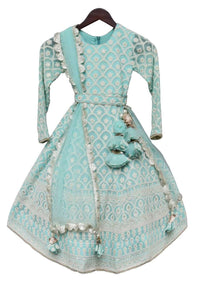 Blue Anarkali Suit With Lucknowi Work In Floral And Scalloped Pattern By Fayon Kids