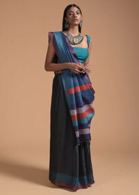 Blue And Black Saree In Silk With Color-Blocked Print Online - Kalki Fashion