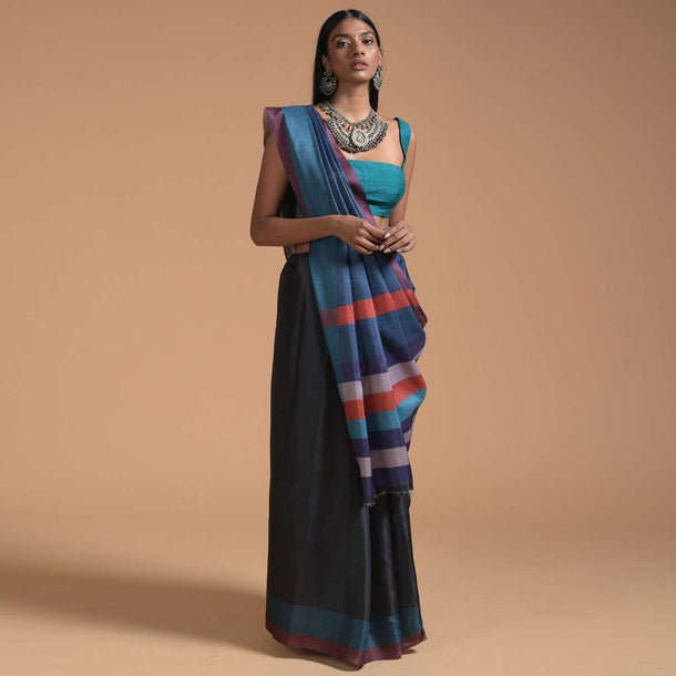 Blue And Black Saree In Silk With Color-Blocked Print Online - Kalki Fashion