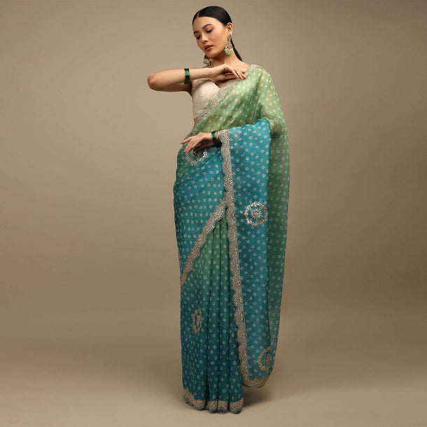 Blue And Green Shaded Saree In Organza With Bandhani Buttis And Gotta Patti Embroidered Scallop Cut Border