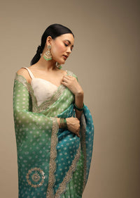 Blue And Green Shaded Saree In Organza With Bandhani Buttis And Gotta Patti Embroidered Scallop Cut Border