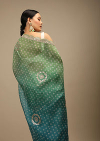 Blue And Green Shaded Saree In Organza With Bandhani Buttis And Gotta Patti Embroidered Scallop Cut Border