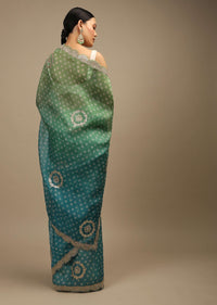 Blue And Green Shaded Saree In Organza With Bandhani Buttis And Gotta Patti Embroidered Scallop Cut Border