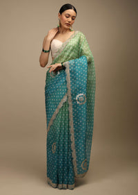 Blue And Green Shaded Saree In Organza With Bandhani Buttis And Gotta Patti Embroidered Scallop Cut Border