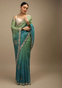 Blue And Green Shaded Saree In Organza With Bandhani Buttis And Gotta Patti Embroidered Scallop Cut Border